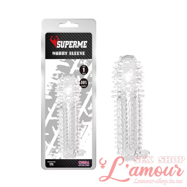 Насадка на член – SuperMe Nubby Sleeve Clear (артикул: CN00187)